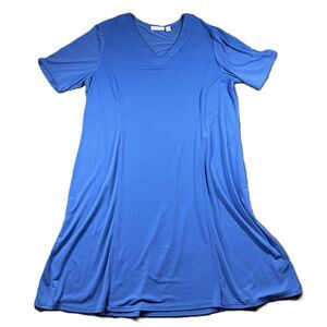 Susan Graver Dress Liquid Knit V-Neck Knee Length Casual Career Blue Large M121